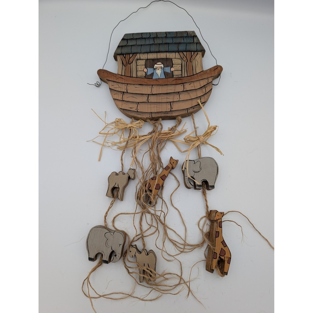 Hand Painted Wood Noah's Ark Wall Hanging Animals Primitive Folk Art 21" Mobile